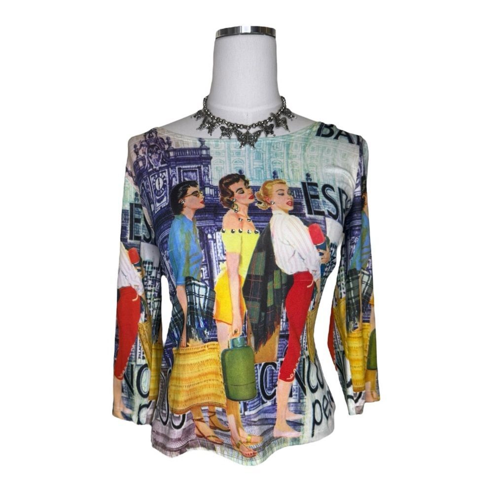 Y2K iMode Paris Graphic Ladies Shopping 3/4th Sleeve Rhinestone Top Size Medium